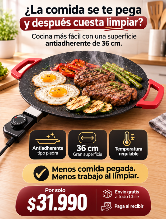Plancha Eléctrica Antiadherente 36 cm – Menos Sartenes, Menos Limpieza